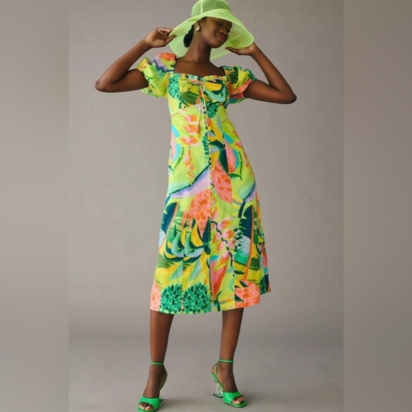 FARM Rio Dresses & Skirts - Anthropologie Farm Rio Midi Dress  Puff Sleeves Green, Yellow, and Pink NWT